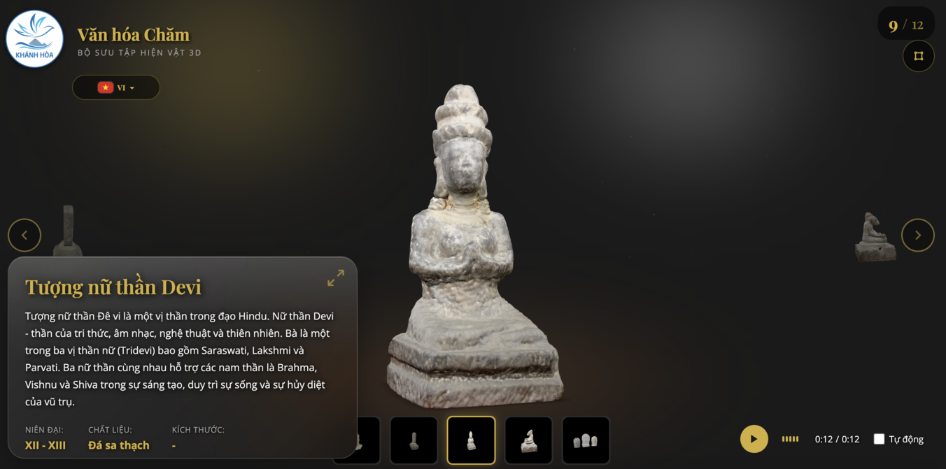 Hình ảnh 3D cổ vật tượng nữ thần Devi tại website vanhoacham